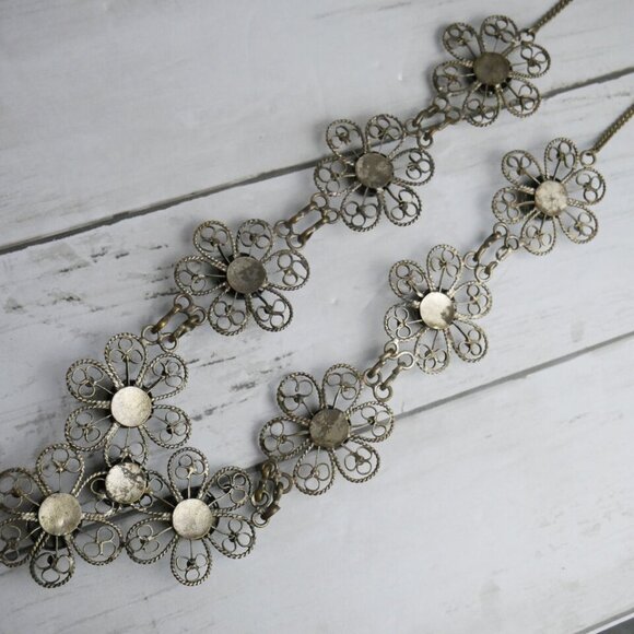Vintage Hippie Flower Power Filigree Gemstones Bib Necklace Indian Style - Picture 5 of 10